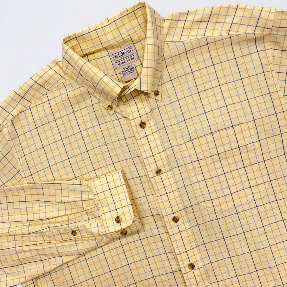 LL Bean Kennebunk Sport Shirt Men's Large Tall Yellow Graph Check Button Down